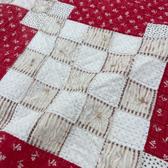Antique Patchwork Red Calico Quilt Blanket 1800s Distressed - Picture 2 of 9